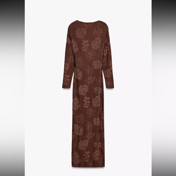 ZARA Maxi Dress Open Back Jacquard Floral Long Brown Stretch - Picture 4 of 6